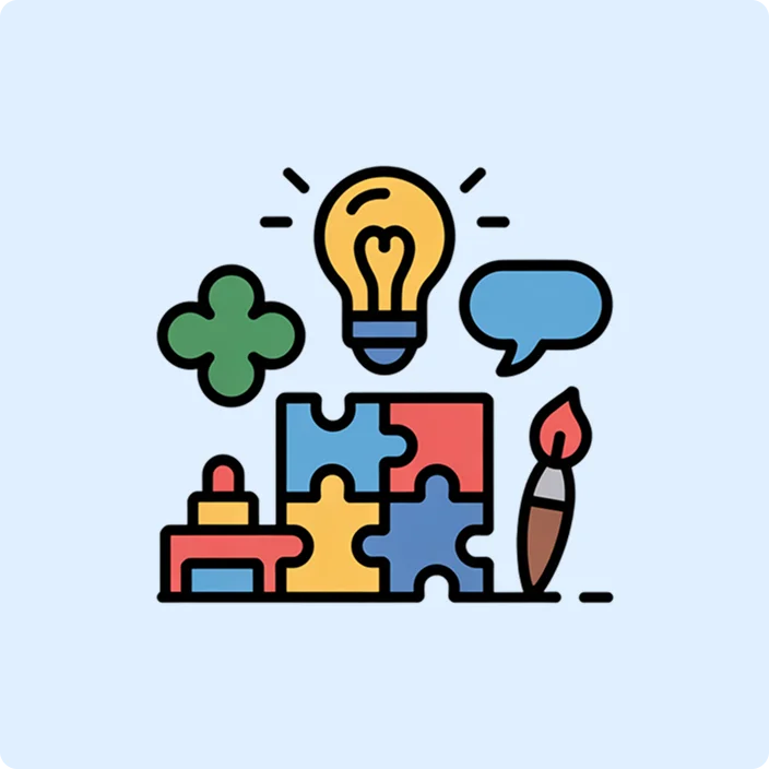 Puzzle piece with a light bulb symbolizing skill-building through playful challenges.